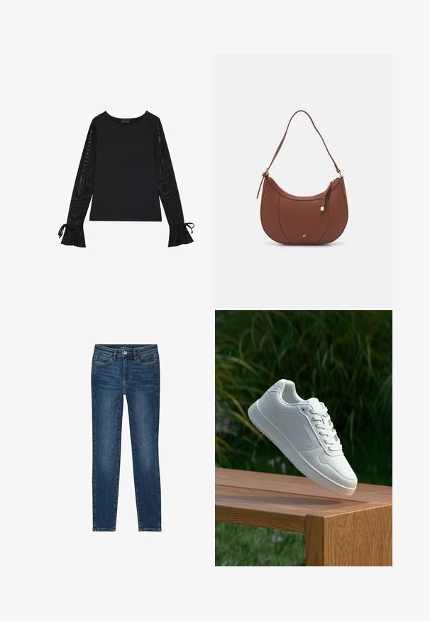 Crna majica s čvrstim tijelom i prozirnim, širijim rukavima. Ima vezanje na manžetama. Izrađena je od glatkog materijala s krojem koji naglašava tijelo.; Tanke traperice od tamnoplave denima, s klasičnim dizajnom s pet džepova, ravnim šavovima i zatvaranjem na gumb i patentni zatvarač.; Bijela tenisica sa glatkim sintetičkim gornjim dijelom, perforiranim prednjim dijelom, ravnim vezicama i teksturiranom potplatom, prikazana na drvenoj površini.; Smeđa torba od umjetne kože s zakrivljenim oblikom, minimalnim šavovima i zlatnim metalnim detaljima. Ima zatvaranje na gornjoj strani sa patentnim zatvaračem i podesivu naramenicu.