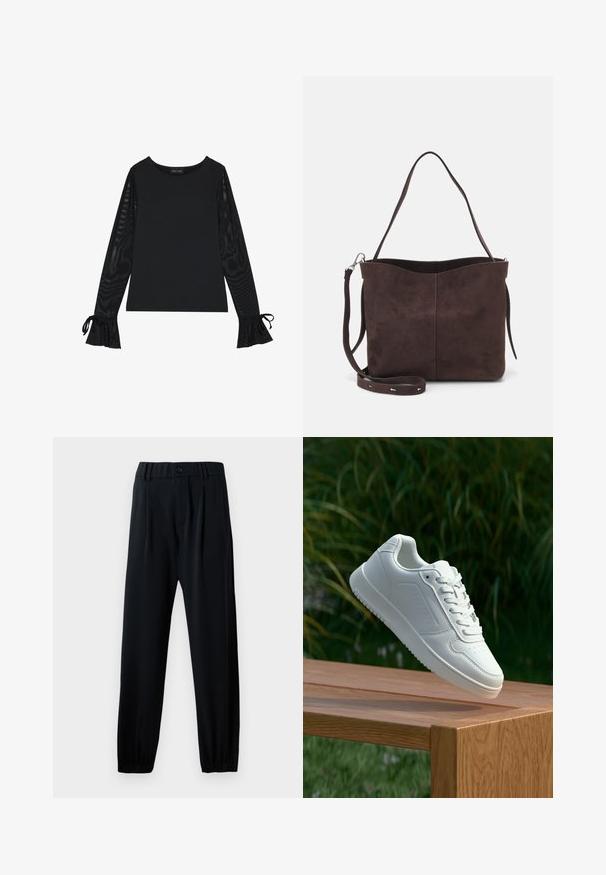 Czarna bluzka z gładkim korpusem i przezroczystymi, rozszerzanymi rękawami. Posiada wiązania na mankietach. Wykonana z gładkiego materiału o dopasowanym kroju.; Czarne spodnie z elastycznym pasem, z zapięciem na guzik, prostą nogawką i marszczonymi mankietami. Wykonane z gładkiego, lekkiego materiału.; Biały sneaker z gładką syntetyczną cholewą, perforowanym noskiem, płaskimi sznurowadłami i teksturowaną podeszwą, wyeksponowany na drewnianej powierzchni.; Brązowa surowa torba na ramię o miękkiej fakturze, z pojedynczym paskiem na ramię i subtelnym, zakrzywionym otwarciem u góry. Brak widocznych detali metalowych.