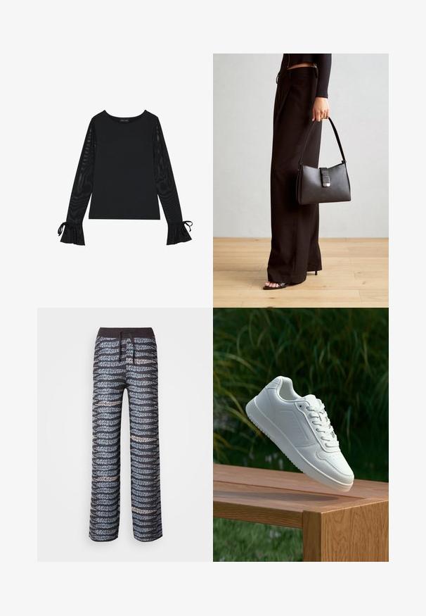 Top nero con corpo solido e maniche a campana trasparenti. Presenta dettagli a nodo ai polsini. Realizzato in tessuto morbido con un design aderente.; Pantaloni leggeri e stampati con una base scura e motivi a foglia blu e grigi alternati, vita elastica e cordoncino.; Sneaker bianco con tomaia in sintetico liscio, punta perforata, lacci piatti e suola testurizzata, esposto su una superficie di legno.; Borsa nera con forma strutturata, texture liscia e una chiusura metallica. Abbinata a pantaloni neri larghi e sandali open-toe su un pavimento in legno.
