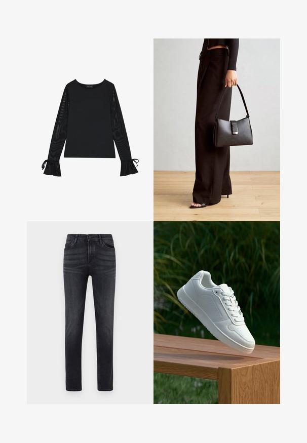 Black top with solid body and sheer, flared sleeves. Features tie accents at the cuffs. Made from smooth fabric with a fitted design.; Black denim jeans with a straight cut. Feature five pockets, button fly, and belt loops. The fabric has a smooth texture and slight stretch.; White sneaker with a smooth synthetic upper, perforated toe box, flat laces, and a textured sole, displayed on a wooden surface.; Black handbag with structured shape, smooth texture, and a metallic clasp. Paired with wide black pants and open-toe sandals on wooden floor.