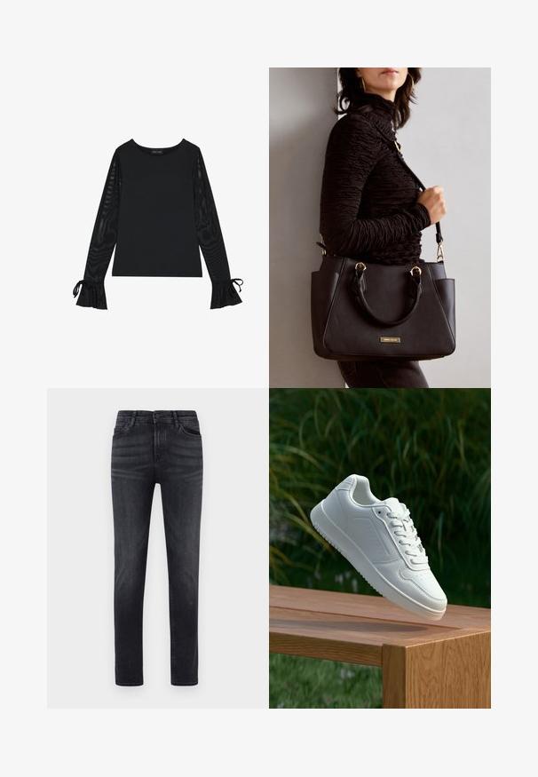 Mustapaita, jossa on kiinteä vartalo ja läpinäkyvät, leveät hihat. Täydentää nauhakoristeet hihojen suissa. Valmistettu sileästä kankaasta ja muotoonommellusta designista.; Mustat farkut suoran leikkauksen kanssa. Ominaisuuksiin kuuluu viisi taskua, nappisuljenta ja vyölenkit. Kangas on sileä ja hieman joustava.; Valkoiset tennarit, joissa on sileä synteettinen päällinen, rei'itetty varvasosa, litteät nauhat ja teksturoitu pohja, esillä puupinnalla.; Musta käsilaukku, jossa on teksturoitu pinta, kaksi yläkantta ja säädettävä olkahihna. Varustettu kultasävyisillä varusteilla ja sivutaskuilla.