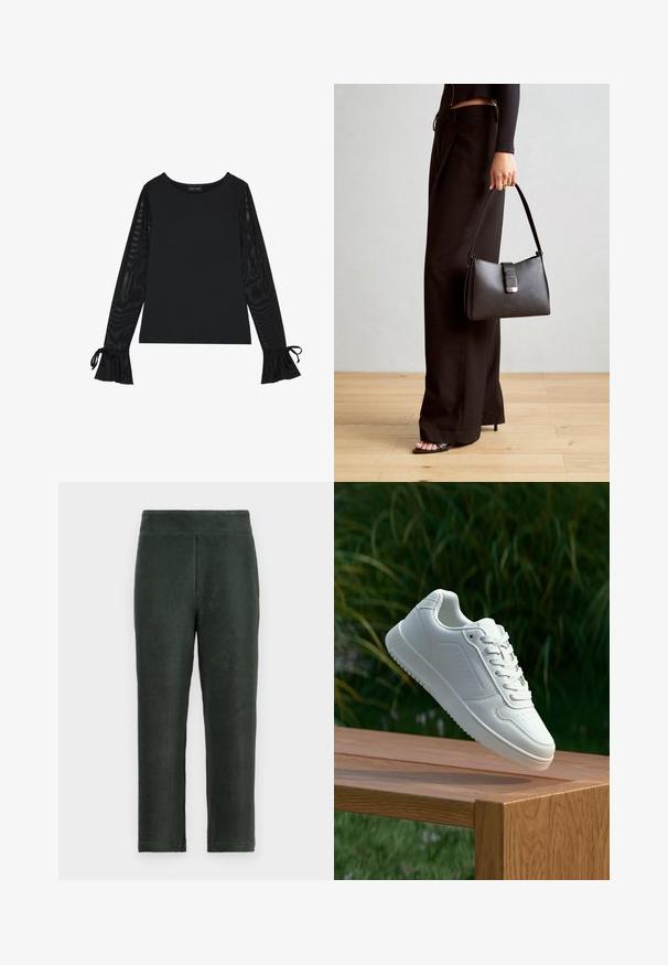 Zwarte top met een solide lichaam en doorschijnende, uitlopende mouwen. Heeft strikaccenten bij de manchetten. Gemaakt van een gladde stof met een getailleerd ontwerp.; Donkergroene corduroybroek met een aangesloten taille, rechte pijpen en verticale ribbelstructuur. Eenvoudig ontwerp zonder zichtbare hardware of accenten.; Witte sneaker met een gladde synthetische bovenkant, geperforeerde neus, platte veters en een gestructureerde zool, tentoongesteld op een houten oppervlak.; Zwarte handtas met gestructureerde vorm, gladde textuur en een metalen sluiting. Gecombineerd met brede zwarte broeken en sandalen met open teen op een houten vloer.