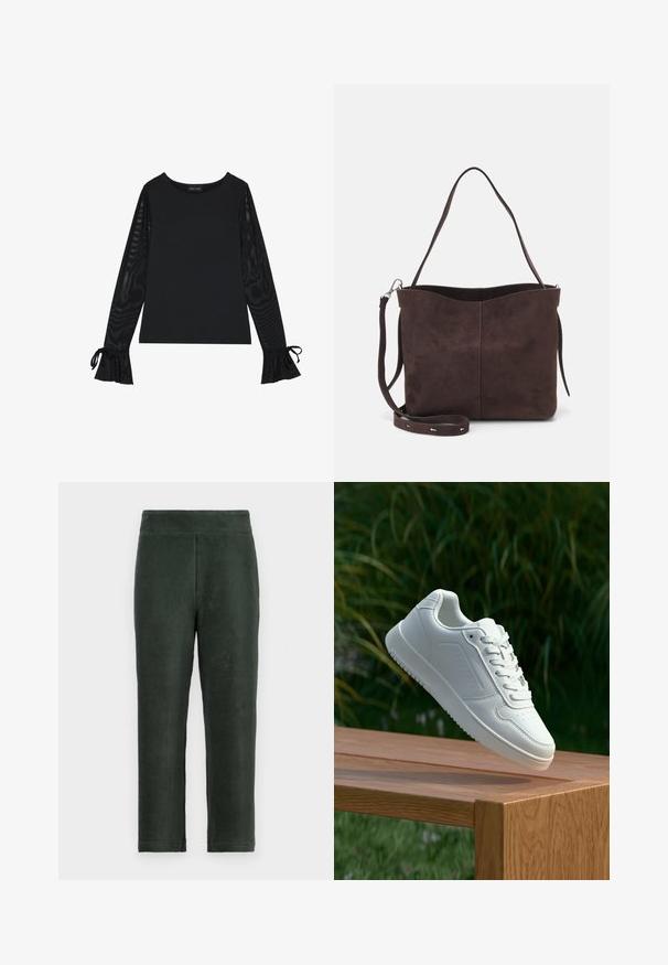 Black top with solid body and sheer, flared sleeves. Features tie accents at the cuffs. Made from smooth fabric with a fitted design.; Dark green corduroy pants with a fitted waist, straight legs, and vertical ribbed texture. Simple design with no visible hardware or accents.; White sneaker with a smooth synthetic upper, perforated toe box, flat laces, and a textured sole, displayed on a wooden surface.; Brown suede tote bag with a soft texture, featuring a single shoulder strap and a subtle curved top opening. No visible hardware details.