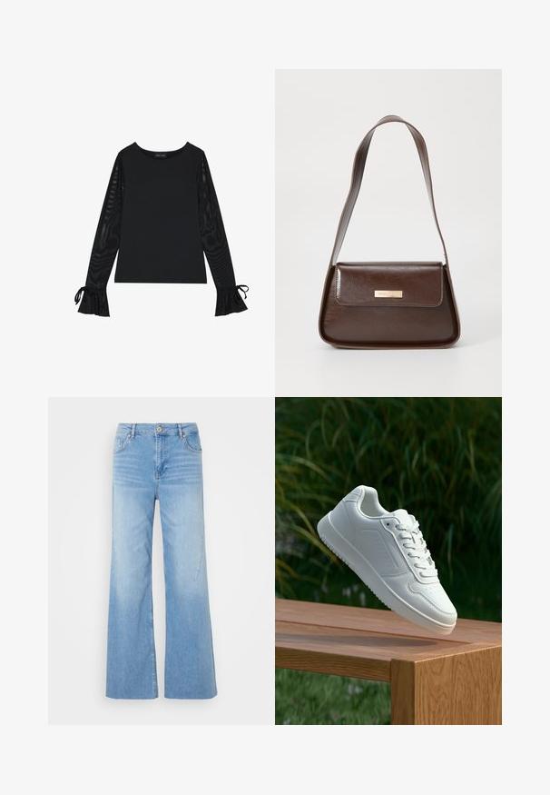 Svart topp med solid kropp og gjennomsiktige, flarede ermer. Har knyteakenter ved mansjettene. Laget av glatt stoff med en tettsittende design.; Lyseblå vid jeans i denimstoff har en frontlukkning med knapp, fem-lommers design og subtil falming for ekstra tekstur.; Hvite sneakers med en glatt syntetisk overdel, perforert tåboks, flate snørebånd og en teksturert såle, vist på en treflate.; Brun lærveske med en strukturert form, med en magnetisk klaffelukking og en metallisk logoaksel på forsiden.