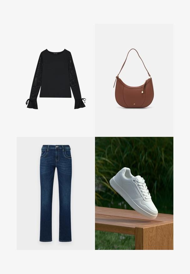 Must mustriga kinnise kehaga ja läbipaistvate, laia varrukatega. Omab nööride aktsente varrukate otsas. Valmistatud siledast kangast, millel on kinnine lõige.; Tumed sinine denimpüksid sirge jala lõikega, viie tasku disainiga ja tavalise nööbiga sulgemisega. Omab peeneid õmblusdetailide.; Valged sneakerd, millel on sile sünteetiline ülemine osa, väikeste aukudega varvaskast, lamedad paelad ja tekstuuriga tald, eksponeeritud puidust pinnal.; Pruun faux nahast õlaline kott, millel on kaarjas kuju, minimaalne õmblemine ja kuldse tooni metallist aksessuaar. Omab ülemist tõmblukku ja reguleeritavat rihma.