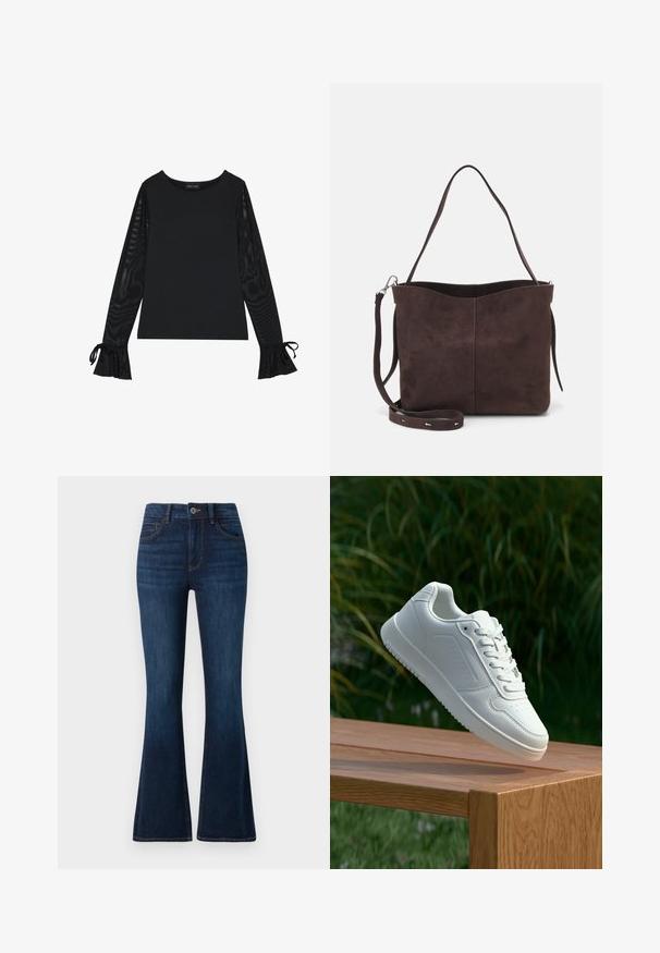 Black top with solid body and sheer, flared sleeves. Features tie accents at the cuffs. Made from smooth fabric with a fitted design.; TOM TAILOR STELLA dark-blue denim; White sneaker with a smooth synthetic upper, perforated toe box, flat laces, and a textured sole, displayed on a wooden surface.; Brown suede tote bag with a soft texture, featuring a single shoulder strap and a subtle curved top opening. No visible hardware details.