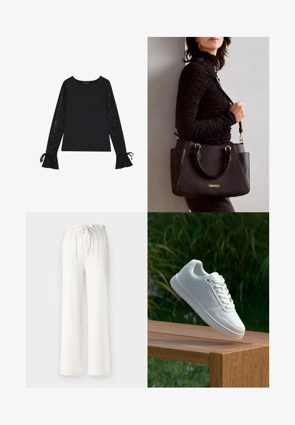 Black top with solid body and sheer, flared sleeves. Features tie accents at the cuffs. Made from smooth fabric with a fitted design.; White wide-leg pants made of soft fabric, featuring a drawstring waist and smooth texture. No patterns or embellishments visible.; White sneaker with a smooth synthetic upper, perforated toe box, flat laces, and a textured sole, displayed on a wooden surface.; Black handbag with textured surface, dual top handles, and adjustable shoulder strap. Features gold-tone hardware and side pockets.