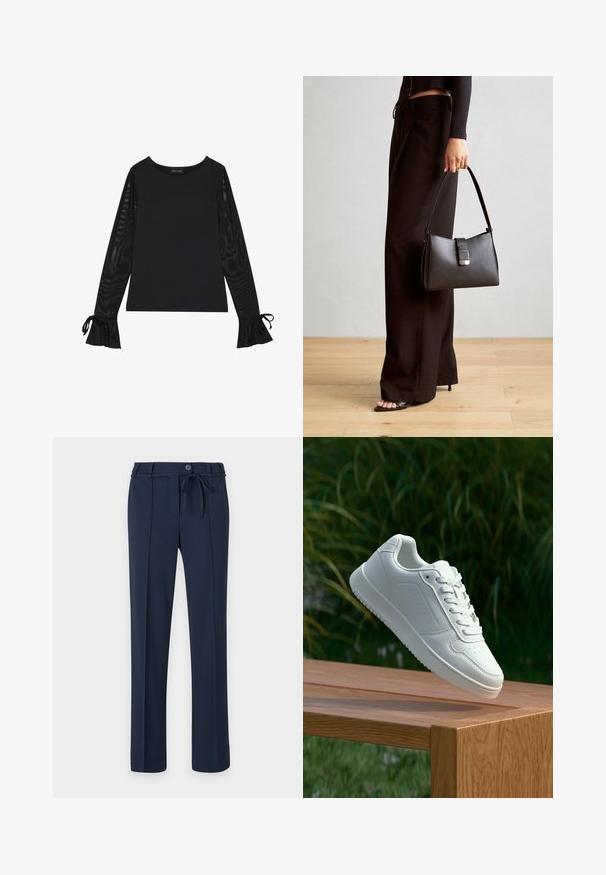 Black top with solid body and sheer, flared sleeves. Features tie accents at the cuffs. Made from smooth fabric with a fitted design.; Navy trousers made of smooth fabric, featuring a drawstring waistband, front pleats, and straight-leg design. No pockets or distinct patterns.; White sneaker with a smooth synthetic upper, perforated toe box, flat laces, and a textured sole, displayed on a wooden surface.; Black handbag with structured shape, smooth texture, and a metallic clasp. Paired with wide black pants and open-toe sandals on wooden floor.