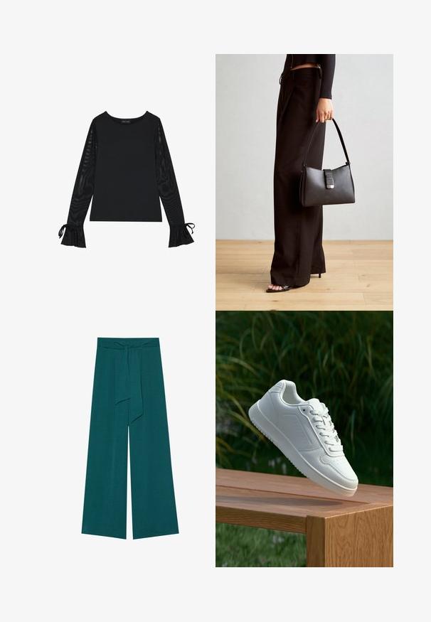 Črna majica z enotno podlago in prozornimi, širokimi rokavi. Ima zaveze pri manšetah. Narejena iz gladkega materiala s prilegajočim dizajnom.; Široke hlače v temno zeleni barvi z teksturirano površino, ki imajo zavezan pas za prilagodljivo prileganje in lahkotno silhueto.; Bela teniska s gladkim sintetičnim zgornjim delom, perforiranim prednjim delom, ravnimi vezalkami in teksturiranim podplatom, prikazana na leseni površini.; Črna torbica z strukturirano obliko, gladko teksturo in kovinskim zaponko. Ujemajo se z širokimi črnimi hlačami in odprtimi sandali na lesenem tleh.