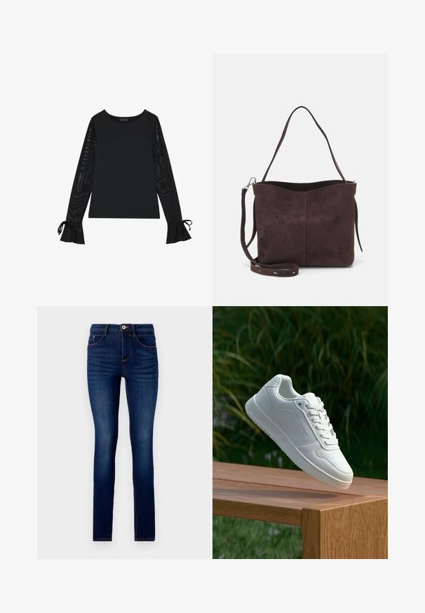 Fekete felső, szolid testtel és áttetsző, harangujjakkal. Kötős részletekkel a mandzsettákon. Simára kidolgozott anyagból, testhezálló kialakítással készült.; Sötétkék farmer skinny farmernadrág, hagyományos ötpocket dizájnnal, kontrasztos narancssárga varrással és gombos derékkal.; Fehér sportcipő sima szintetikus felsőrésszel, perforált lábujjrész, lapos fűzőkkel és texturált talppal, fából készült felületen kihelyezve.; Barna velúrbőr táska puha tapintással, egyetlen vállpánttal és finoman ívelt felső nyitással. Nincs látható fémrész.