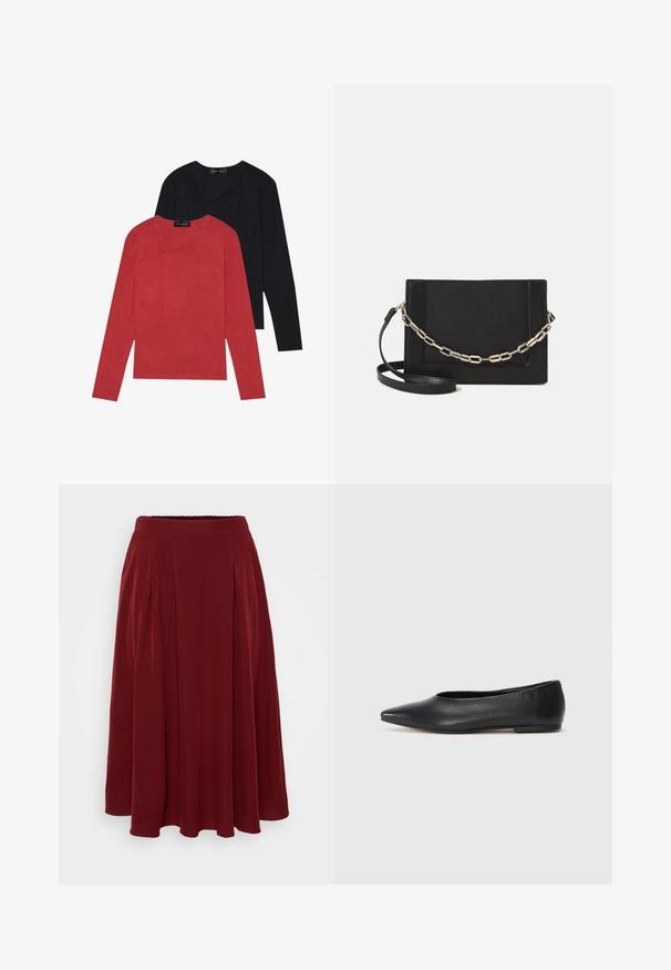 Două tricouri cu mânecă lungă: unul roșu și unul negru. Ambele au un guler rotund și o textură netedă, cu detalii alecusă vizibile.; Fustă midi pliată în nuanță de roșu închis, cu o textură netedă, talie elastică și o formă fluidă, având drapaje subtile pentru un plus de detaliu.; Balerini din piele neagră, vârf ascuțit, design minimalist, textură netedă, toc de mică înălțime, fără hardware sau embellishments vizibile.; Geantă de umăr din piele neagră, cu o textură netedă, formă rectangulară și un detaliu din lanț metalic în față. Include curea reglabilă.