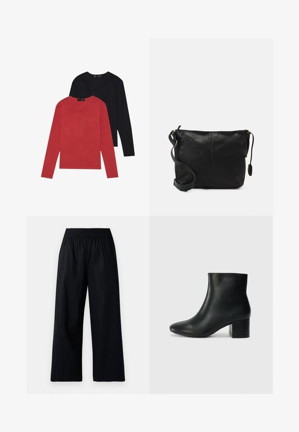 Două tricouri cu mânecă lungă: unul roșu și unul negru. Ambele au un guler rotund și o textură netedă, cu detalii alecusă vizibile.; Pantaloni negri cu croială largă, cu un brâu elastic, confecționați dintr-un material neted și ușor, având o croială relaxată. Fără buzunare sau embellishementuri vizibile.; Cizme negre din piele până la gleznă, cu vârf ascuțit și toc robust. Textură netedă, cu accente minime și un design elegant, ajustat.; Geantă de umăr din piele neagră, cu o formă plată, accente de metal auriu și o curea ajustabilă. Textură netedă cu detalii de cusătură minime.