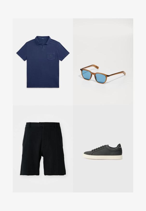Navy blue polo shirt made of cotton, featuring a folded collar, short sleeves, and a chest pocket with a small logo detail.; Black shorts made of textured fabric, featuring a front button closure, side pockets, and a straight cut, with visible stitching details.; Black leather sneaker with a low profile, rounded toe, and lace-up closure; features a textured rubber sole and logo detail on the heel.; Brown plastic-frame sunglasses with blue lenses, square shape, thin arms, textured accents on the temples, and a polished finish.