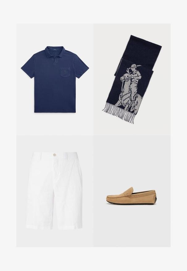 Donkerblauw poloshirt van katoen, met een omgeslagen kraag, korte mouwen en een borstzakje met een klein logodetail.; Witte linnen shorts met een knoopsluiting, voorzien van een ontspannen pasvorm, rechte snit en zonder zichtbare patronen of accenten. Soepele textuur.; Beige suède moccasin met een gestikte neus, instapontwerp en zwarte rubberen zool. Heeft subtiele branding aan de zijkant.; Navy blauwe sjaal met grijze afbeelding van een polo speler te paard, met franjeranden.