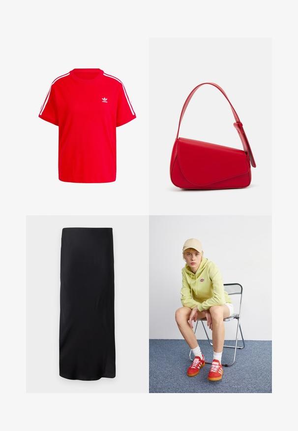 T-shirt en coton rouge avec un col rond, des manches courtes, des accents blancs à trois rayures sur les épaules et un petit logo blanc sur la poitrine.; Jupe midi noire sans manches en tissu lisse. Présente une forme droite et allongée sans motifs ni accents. Design simple et minimaliste.; Un sweat à capuche vert clair avec logo, un short blanc, des baskets rouges avec rayures blanches, assis sur une chaise pliante en chrome contre un fond neutre.; Sac à main en cuir rouge avec un design angulaire et géométrique. Il dispose d'une seule sangle ajustable et d'une fermeture à rabat avec un detailing cousu.