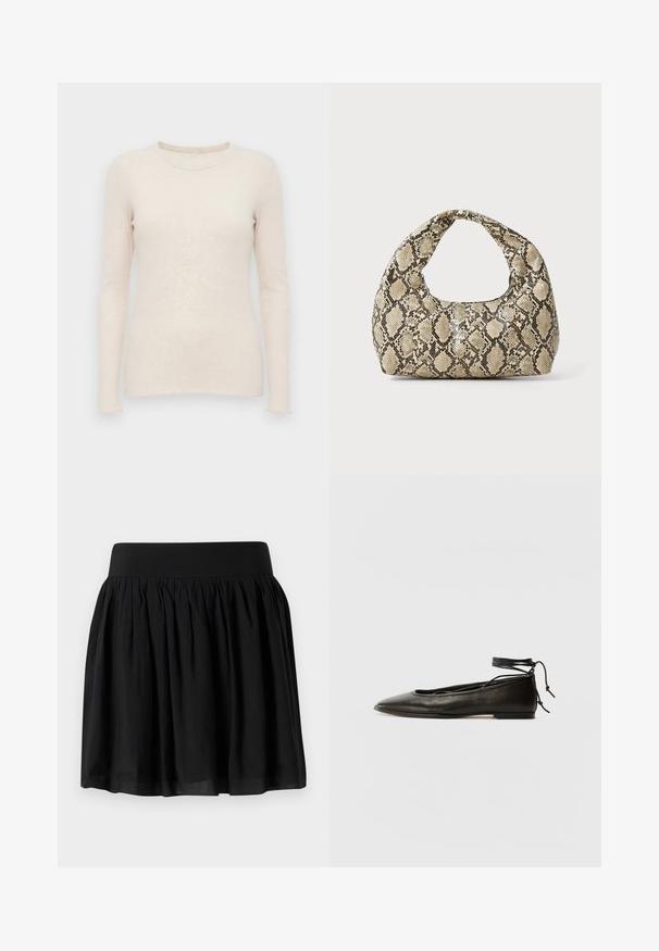 Gai бēšs garām piedurknēm džemperis ar ribotu tekstūru, apaļu kakla izgriezumu un pieguļošu dizainu. Mīksta auduma un bezšuvju piedurknes.; Melna auduma svārki ar platu jostas daļu, sakrustotu dizainu un izplestu formu. Tekstūra izskatās gluda ar vieglu apdari.; Melnas ādas baleta kurpes ar smailu purngalu, potītes saitēm un plakanu zoli, kas izceļas ar gludu tekstūru un minimālistisku dizainu.; Čūsku raksta soma ar izliekto rokturi. Izgatavota no teksturētiem, bēšiem un brūniem materiāliem, ar izteiksmīgu dimanta rakstu.