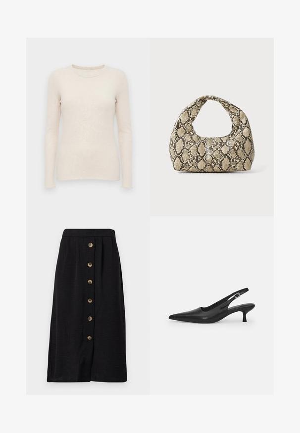 Gai бēšs garām piedurknēm džemperis ar ribotu tekstūru, apaļu kakla izgriezumu un pieguļošu dizainu. Mīksta auduma un bezšuvju piedurknes.; Melna midi svārki ar teksturētu audumu, ar priekšējo pogu aizdari, kurā ir piecas bronzas pogas un taisna forma.; Melnas ādas slīdošās kurpes ar norādītu pirkstu un šauru, izliekta papēdi. Ar diskrētu regulējamu siksniņu ar metāla sprādzi.; Čūsku raksta soma ar izliekto rokturi. Izgatavota no teksturētiem, bēšiem un brūniem materiāliem, ar izteiksmīgu dimanta rakstu.