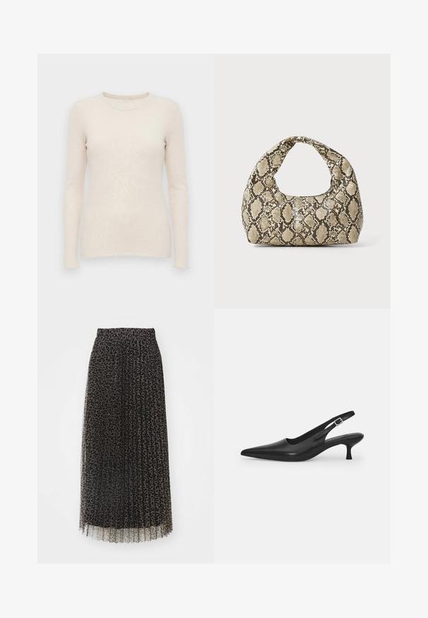 Pull à manches longues beige clair avec une texture côtelée, un col rond et une coupe ajustée. Tissu doux et poignets sans couture.; Jupe maxi plissée en tulle noir avec un motif léopard. Dotée d'une taille élastique et d'une texture semi-transparente.; Chaussure slingback en cuir noir avec un bout pointu et un talon fin et incurvé. Dispose d'une sangle ajustable discrète avec une boucle en métal.; Sac à main en motif serpent avec une poignée incurvée. Fabriqué à partir de matériaux texturés beiges et bruns, présentant un motif en diamant distinctif.