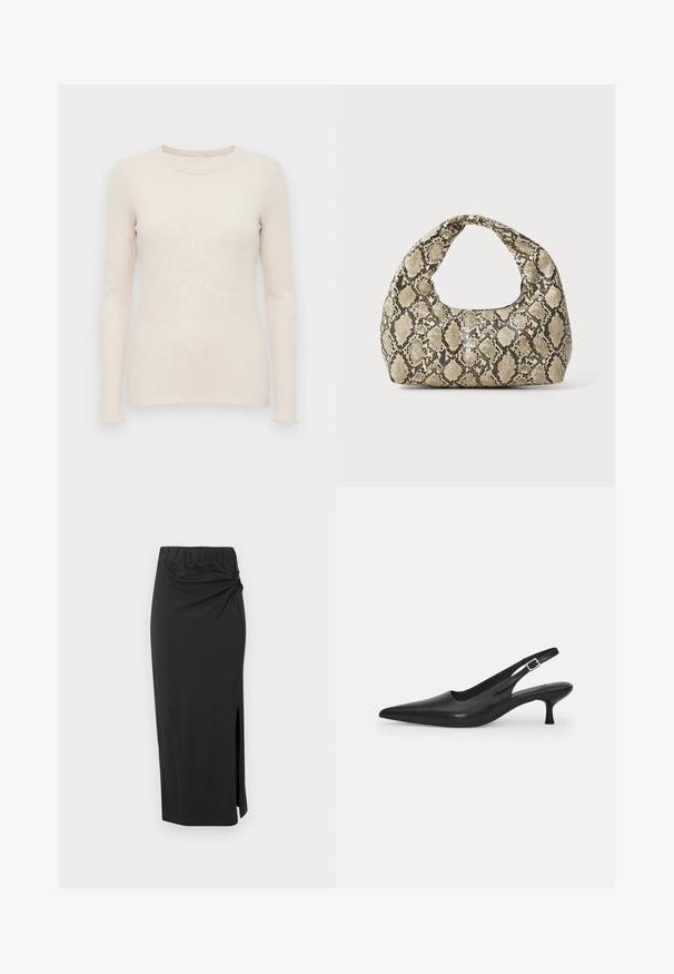 Világos bézs színű, hosszú ujjú pulóver bordázott textúrával, kerek nyakkivágással és testhez simuló fazonnal. Puha anyag és varrás nélküli mandzsetta.; Fekete, középméretű szoknya puha szövetből. Rugalmas derékrésszel, csavart részlettel a csípő részen és oldalsó hasítékkal rendelkezik. Az anyag textúrája sima.; Fekete bőr szandálcipő hegyes orral és karcsú, ívelt sarokkal. Diszkrét, állítható pánttal rendelkezik, fém csattal.; Kígyómintás kézitáska ívelt fogantyúval. Texturált, bézs és barna anyagból készült, jellegzetes gyémántmintával.