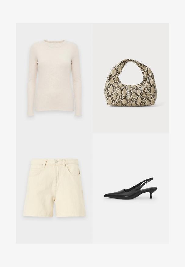 Pull à manches longues beige clair avec une texture côtelée, un col rond et une coupe ajustée. Tissu doux et poignets sans couture.; Shorts en denim crème avec une coupe droite, dotés d'un bouton de fermeture à l'avant, de deux poches avant et d'un tissu doux et texturé.; Chaussure slingback en cuir noir avec un bout pointu et un talon fin et incurvé. Dispose d'une sangle ajustable discrète avec une boucle en métal.; Sac à main en motif serpent avec une poignée incurvée. Fabriqué à partir de matériaux texturés beiges et bruns, présentant un motif en diamant distinctif.