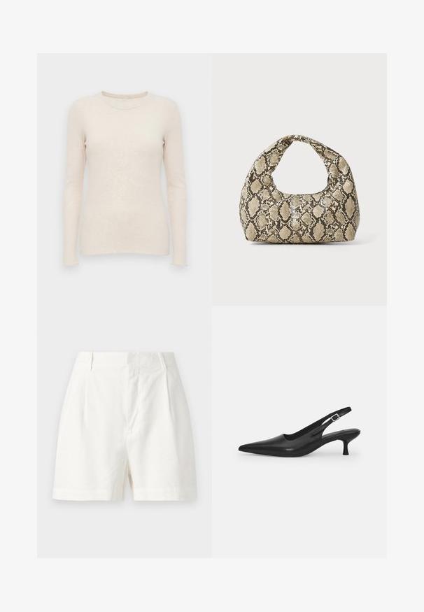 Pull à manches longues beige clair avec une texture côtelée, un col rond et une coupe ajustée. Tissu doux et poignets sans couture.; Shorts en lin blanc présentant une coupe ajustée, des plis avant et une texture lisse. Le design comprend une taille mi-haute et des poches latérales.; Chaussure slingback en cuir noir avec un bout pointu et un talon fin et incurvé. Dispose d'une sangle ajustable discrète avec une boucle en métal.; Sac à main en motif serpent avec une poignée incurvée. Fabriqué à partir de matériaux texturés beiges et bruns, présentant un motif en diamant distinctif.