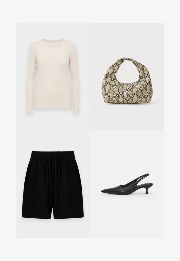 Helebeige pikkade varrukatega sviiter ribakangana, ümmarguse kaeluse ja väljakujunenud disainiga. Pehme kangas ja sujuvad soonikud.; Kerged mustad lühikesed püksid kergest kangast, millel on nööriga vöökoht, küljetaskud ja tekstuurne pind.; Mustmustast musta nahast slingback king, millel on terav varvas ja kitsas, kumer konts. Omab diskreetset reguleeritavat rihma metallist pandlaga.; Musta käärmeprindiga kott kõveraga käepidemega. Valmistatud tekstiilsetest, beežidest ja pruunidest materjalidest, millel on iseloomulik rombikujuline muster.