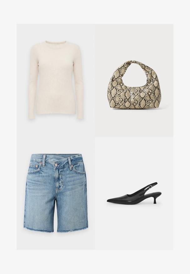 Világos bézs színű, hosszú ujjú pulóver bordázott textúrával, kerek nyakkivágással és testhez simuló fazonnal. Puha anyag és varrás nélküli mandzsetta.; Világoskék farmer rövidnadrág, bolyhos szegéllyel, ötpocketos kialakítással és klasszikus gombos záródással, finom fakulással és kontrasztos varrással.; Fekete bőr szandálcipő hegyes orral és karcsú, ívelt sarokkal. Diszkrét, állítható pánttal rendelkezik, fém csattal.; Kígyómintás kézitáska ívelt fogantyúval. Texturált, bézs és barna anyagból készült, jellegzetes gyémántmintával.