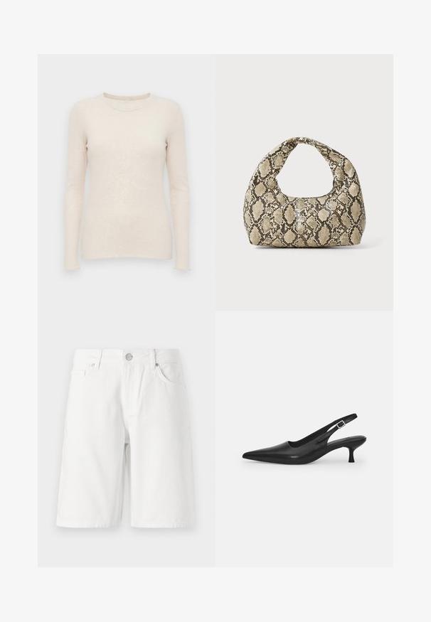 Helebeige pikkade varrukatega sviiter ribakangana, ümmarguse kaeluse ja väljakujunenud disainiga. Pehme kangas ja sujuvad soonikud.; Valge denim lühikesed püksid viie tasku disainiga, millel on esi tõmblukk, nööpkinnitus ja sirge lõige. Sile tekstuur, põlvini ulatuvad.; Mustmustast musta nahast slingback king, millel on terav varvas ja kitsas, kumer konts. Omab diskreetset reguleeritavat rihma metallist pandlaga.; Musta käärmeprindiga kott kõveraga käepidemega. Valmistatud tekstiilsetest, beežidest ja pruunidest materjalidest, millel on iseloomulik rombikujuline muster.