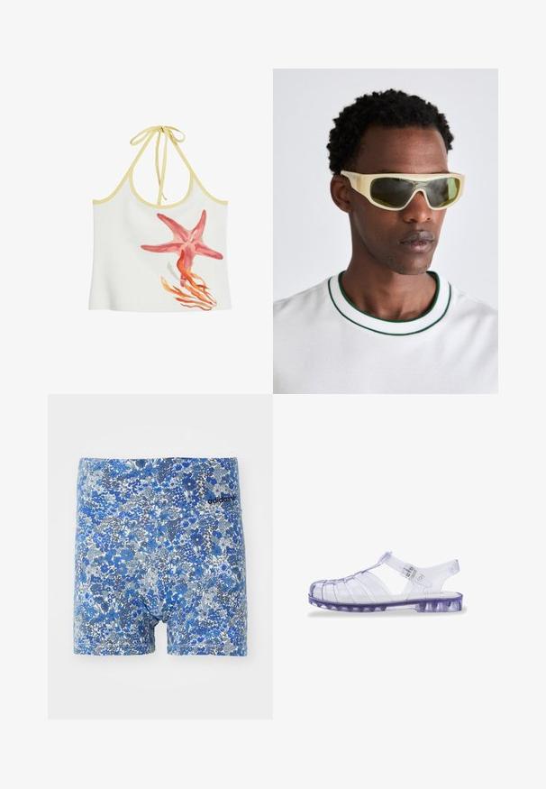 Desigual - Top; Niebieskie bokserki w kwiatowy wzór z mieszanką odcieni, charakteryzujące się dopasowanym krojem i czarnym logo Adidas na pasku.; Przezroczyste, fioletowe plastikowe sandały z zamkniętym noskiem, otwartą piętą i regulowanym paskiem. Charakteryzują się poziomymi i pionowymi wycięciami.; Okulary przeciwsłoneczne z przezroczystą żółtą oprawką i zielonymi szkłami. Kanciasty design z szerokimi zausznikami, noszone z białą koszulą z zielonymi akcentami.