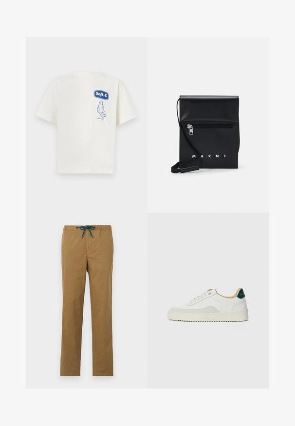 Cream-colored cotton T-shirt with short sleeves. Features a blue graphic "Soft-e" logo and illustration, labeled “100% SOFT.”; Brown cotton pants with a drawstring waist in teal. The design features straight legs and no visible pockets or embellishments.; White sneaker with suede accents, rounded toe, flat laces, and a cream rubber sole. Features green branding on the heel.; Black leather crossbody bag with a zippered front pocket, embossed logo, and adjustable strap. Smooth texture with a structured shape.