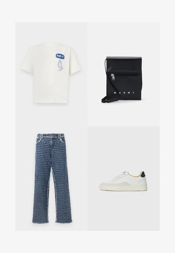 Cream-colored cotton T-shirt with short sleeves. Features a blue graphic "Soft-e" logo and illustration, labeled “100% SOFT.”; Denim wide-leg trousers feature a textured blue material with a patterned design. Edges are frayed, and there are five pockets and metal hardware.; White sneaker with suede accents, rounded toe, flat laces, and a cream rubber sole. Features green branding on the heel.; Black leather crossbody bag with a zippered front pocket, embossed logo, and adjustable strap. Smooth texture with a structured shape.