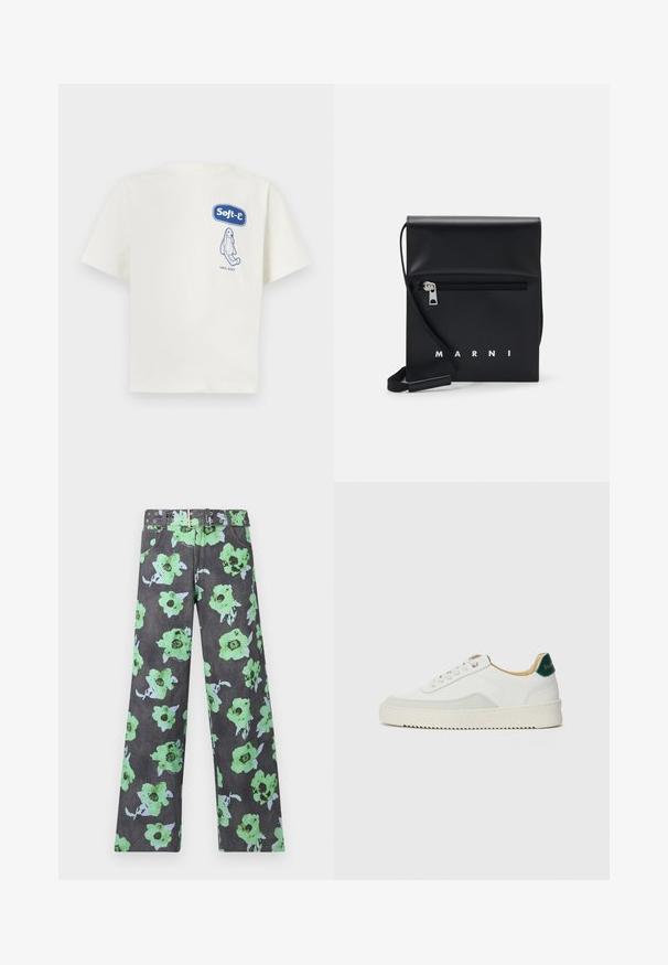 Cream-colored cotton T-shirt with short sleeves. Features a blue graphic "Soft-e" logo and illustration, labeled “100% SOFT.”; Floral-printed pants in dark gray featuring large green and blue flowers. Includes a matching belt with multiple studs and eyelets.; White sneaker with suede accents, rounded toe, flat laces, and a cream rubber sole. Features green branding on the heel.; Black leather crossbody bag with a zippered front pocket, embossed logo, and adjustable strap. Smooth texture with a structured shape.