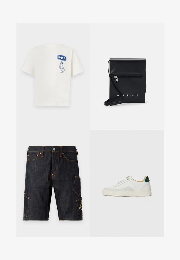 T-shirt en coton couleur crème à manches courtes. Présente un logo graphique bleu "Soft-e" et une illustration, étiquetée "100% SOFT."; Shorts en denim foncé avec une coupe droite, ornés de coutures orange contrastantes, de cinq poches et d'une poche cargo avec un emblème.; Baskets blanches avec des accents en daim, bout arrondi, lacets plats et semelle en caoutchouc crème. Présente une marque verte sur le talon.; Sac à bandoulière en cuir noir avec une poche avant zippée, logo embossé et une bandoulière ajustable. Texture lisse avec une forme structurée.