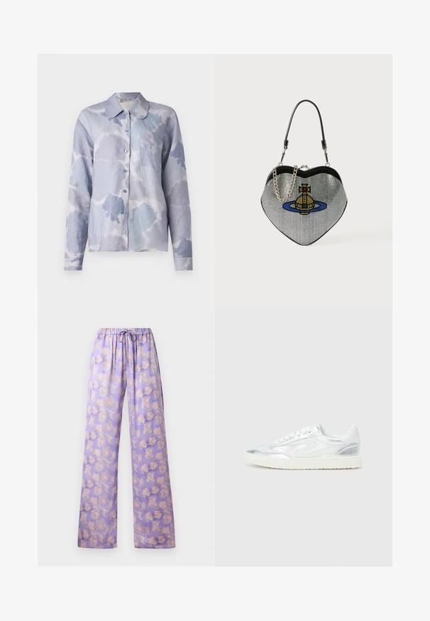 Jasnoniebieska koszula z długim rękawem, uszyta z miękkiego materiału, z wzorem przypominającym chmurki, z złożonym kołnierzykiem i jedną kieszonką na piersi.; Jasnofioletowe kwieciste spodnie z elastycznym pasem i sznurkiem. Posiadają miękką tkaninę, szerokie nogawki oraz wzór w różowe i zielone kwiaty.; Białe sneakersy z metalicznymi srebrnymi akcentami, gładka tekstura, okrągły nosek, płaska podeszwa i tradycyjny design na sznurówki.; Torebka w kształcie serca wykonana z siateczki o metalicznym wykończeniu, z motywem kota i planety w kolorach niebieskim, żółtym i czerwonym. Zawiera łańcuszek.