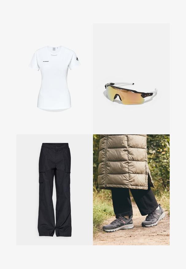Kortærmet hvid sportsshirt med rund hals, prydet med et logo på brystet og en glat, let stofstruktur.; Columbia BREA FALLS™ COTTON RIPSTOP PANT - Outdoorbukser - black; Columbia PEAKFREAK™ II OUTDRY™ - Hikingsko - graphite/salmon rose; Solbriller med en sort og hvid ramme, store spejllinser i guld- og lyserøde nuancer, aerodynamisk design og en udvidet ydre kant.