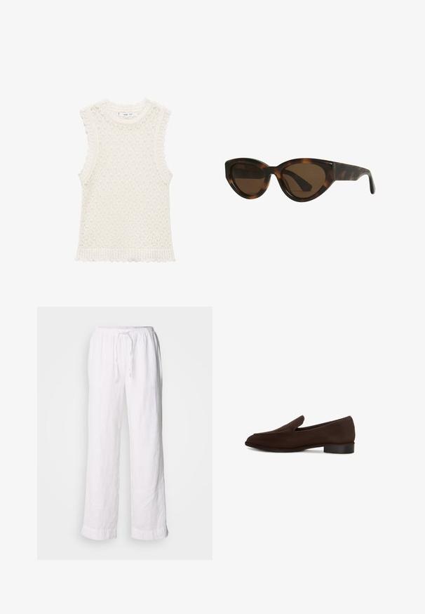 Strickoberteil ohne Ärmel in Elfenbein mit einem strukturierten, offenen Gewebemuster. Die gewellten Kanten an den Armöffnungen und dem unteren Saum verleihen Detail.; Weiße Leinenhosen mit einem lockeren Schnitt, elastischem Bund und Kordelzug. Sie verfügen über gerade Beine und umgeschlagene Säume für einen lässigen Look.; Brauner Slipper mit glatter Oberfläche, elongated Form, niedrigem Blockabsatz und minimalistischen Design. Keine sichtbaren Muster oder Verzierungen.; Schildpatt-farbene Cat-Eye-Sonnenbrille mit braunen Gläsern, ausgestattet mit glatten, glänzenden Kunststoffrahmen und einem eleganten Design. Keine sichtbaren Logos oder Akzente.; Goldfarbener Ring mit einem Perlenmuster, das gleichmäßig verteilte, runde Perlen mit einer glänzenden, reflektierenden Oberfläche zeigt.