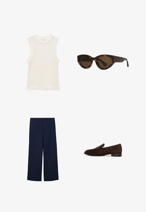 Strickoberteil ohne Ärmel in Elfenbein mit einem strukturierten, offenen Gewebemuster. Die gewellten Kanten an den Armöffnungen und dem unteren Saum verleihen Detail.; Marinefarbene weit geschnittene Hose aus leichtem Material, mit schlichter Optik und geradem Schnitt, seitlichen Taschen und ohne sichtbare Verschlüsse.; Brauner Slipper mit glatter Oberfläche, elongated Form, niedrigem Blockabsatz und minimalistischen Design. Keine sichtbaren Muster oder Verzierungen.; Schildpatt-farbene Cat-Eye-Sonnenbrille mit braunen Gläsern, ausgestattet mit glatten, glänzenden Kunststoffrahmen und einem eleganten Design. Keine sichtbaren Logos oder Akzente.; Goldfarbener Ring mit einem Perlenmuster, das gleichmäßig verteilte, runde Perlen mit einer glänzenden, reflektierenden Oberfläche zeigt.