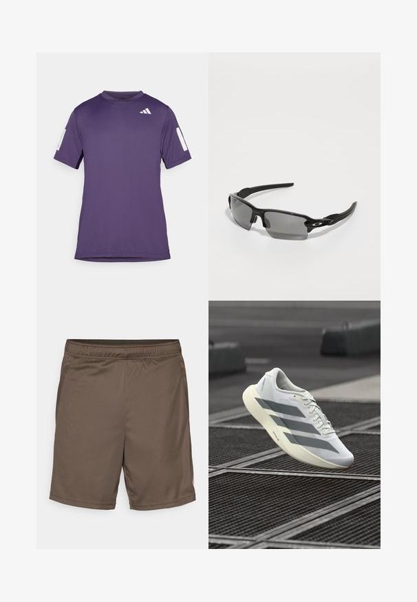 Purple athletic short-sleeve shirt made of smooth fabric, featuring white accents on sleeves and chest, round neckline, and relaxed fit.; Brown athletic shorts with an elastic waistband, smooth texture, and side pockets. Features a subtle branding accent in the lower corner.; White athletic shoe with a textured mesh upper, featuring grey stripes and a cushioned sole. Lightweight design suitable for running.; Black sports sunglasses with gray lenses, a curved frame design, and logo detail on the side. Made from lightweight plastic material.