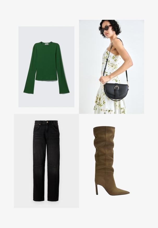 Dolga rokavica, globoko zelena majica iz mehkega materiala; ima okroglo ovratnico in širša rokava; skrajšana zasnova z gladko teksturo.; Črne denim hlače s ravnim krojem, petimi žepi, gumbom za zapiranje in subtilnimi zbledelem detajli na stegnah in kolenih.; Olive zelena semiš čizme do kolena s špicastim vrhom, slobodnim gornjim dizajnom i štiklom, s vidljivim detaljima šivanja.; Črna usnjena torbica s ukrivljeno obliko, z odstranljivo naramnico in zlatimi dodatki. Torbica ima pokrov s podrobnostmi v obliki zaponke.
