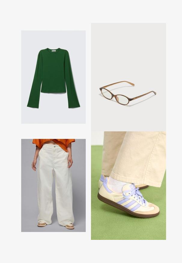 Długi rękaw, ciemnozielony top wykonany z miękkiego materiału; posiada okrągły dekolt i rozszerzane rękawy; krótki krój o gładkiej fakturze.; Szerokie białe spodnie dżinsowe z bocznymi kieszeniami i prostym krojem, z zapięciem na guziki oraz kontrastowymi detalami przeszycia.; Kremowe i lawendowe trampki z trzema paskami oraz teksturowaną brązową podeszwą, wyposażone w sznurówki i wyścieloną piętę. Górna część z miękkiego materiału.; Brązowe okulary w motyle z owalnymi soczewkami, cienkimi ramionami i przezroczystymi akcentami. Posiadają subtelne logo na zauszniku. Smukły, lekki design.
