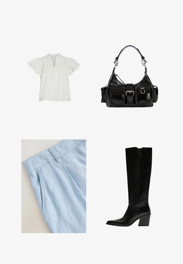 Weiße Bluse mit kurzen, schwingenden Ärmeln, einem V-Ausschnitt, strukturierten Details und gerafftem Stoff am Oberteil, aus leichtem Material gefertigt.; Helle blaue Leinenshorts mit einem gefalteten Design, ausgestattet mit einem Bund und Nähdetails. Sanfte Textur und lässiger Stil.; Schwarze kniehohe Stiefel aus glattem Leder, mit spitzem Schuhbund, einem Blockabsatz und einem V-förmigen Ausschnitt an der Oberseite.; Schwarze Lederhandtasche mit glänzender Oberfläche, zentralem Druckknopf, zwei Fronttaschen und einem kurzen Schultergurt.