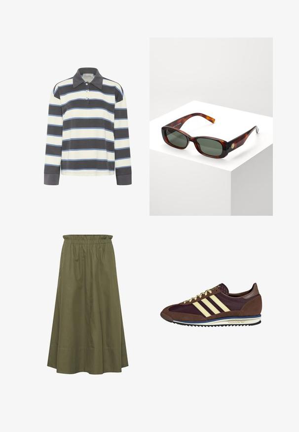 Polo à manches longues rayé bleu marine et blanc avec des accents bleu clair. Il dispose d'un col et d'une patte de trois boutons.; Jupe en coton vert olive avec une taille élastique, de longueur genou et dotée de poches latérales. Texture lisse et forme simple et fluide.; Baskets marron et bordeaux avec des matériaux en daim et en maille, présentant trois rayures crème, un tissu texturé sur la languette et une semelle en caoutchouc.; Lunettes de soleil rectangulaires en écaille de tortue avec des verres verts. Monture large, finition lisse, accent doré sur le côté et branches fines.
