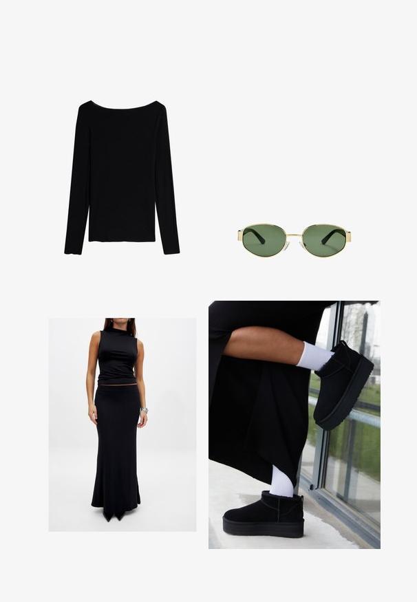 Intimissimi CHRISTMAS - Langarmshirt - black; Ärmelloses schwarzes Oberteil mit einem Stehkragen, kombiniert mit einem taillierten schwarzen Maxikleid. Beide Kleidungsstücke sind aus glattem Stoff gefertigt und haben keine Muster.; Schwarze Wildleder-Stiefeletten mit flacher Sohle, versehen mit einer Zuglasche hinten, getragen mit weißen Knöchel-Socken vor einem minimalistischem Hintergrund.; Sonnenbrille mit goldfarbenem Metallrahmen, grünen getönten Gläsern, ovaler Form, schwarzen Bügeln und klaren Nasenpads. Sauberes, minimalistisches Design.