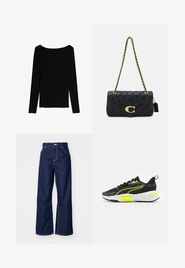 Intimissimi ULTRALIGHT - Langarmshirt - black; Weite Jeans aus dunkelblauem Denim mit hoher Taille, kontrastierender weißer Naht und klassischem Fünf-Taschen-Design.; Schwarze Sportsneaker mit einem Obermaterial aus Mesh, gelben Akzenten und weißer Zwischensohle. Sie verfügen über ein elegantes Design und eine Gummisohle für guten Halt.; Schwarze gesteppte Handtasche mit einem goldenen Kettenriemen, die einen auffälligen goldenen Verschluss und ein kleines Etikett aufweist, das eine strukturierte Lederoberfläche zeigt.