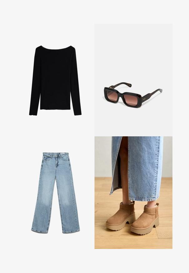 Intimissimi CHRISTMAS - Maglietta a manica lunga - black; Jeans a gamba larga blu chiaro, realizzati in denim, con un classico design a cinque tasche e una vestibilità dritta con una leggera scoloritura sulle gambe.; Stivaletti alla caviglia in suede marrone con una robusta suola piattaforma beige. Presentano una punta arrotondata, un risvolto corto e una morbida fodera per il massimo comfort.; Occhiali da sole rettangolari con montatura in tartaruga scura, lenti marroni sfumate e logo dorato sulle tempie. Texture liscia, design audace.; Borsa a tracolla in pelle marrone con motivo logo, tracolla in catena dorata, chiusura con zip e dettagli in metallo dorato. Forma compatta e rettangolare.; Orologio in acciaio inossidabile oro e argento con quadrante bianco rotondo, marcatori minimalisti e un bracciale in metallo bicolore. Presenta una corona sul lato.