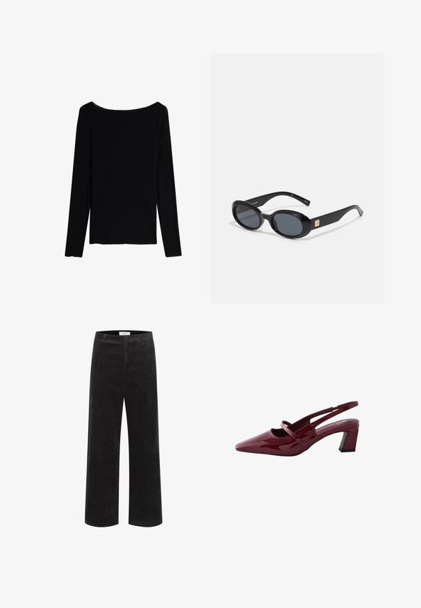 Intimissimi U-BOOT-AUSSCHNITT - Langarmshirt - black; Schwarze Corduroy-Hose mit weitem Bein, vertikalen Rippungen, strukturiertem Bund und flachem Vorderteil. Der Stoff sieht weich aus und hat einen leichten Glanz.; Next FOREVER COMFORT SQUARE TOE - REGULAR FIT - Pumps - red; Schwarze ovale Sonnenbrillen mit dunklen Gläsern, glänzendem Kunststoffrahmen, breiten Bügeln und einem kleinen goldenen Akzent auf einer Seite.