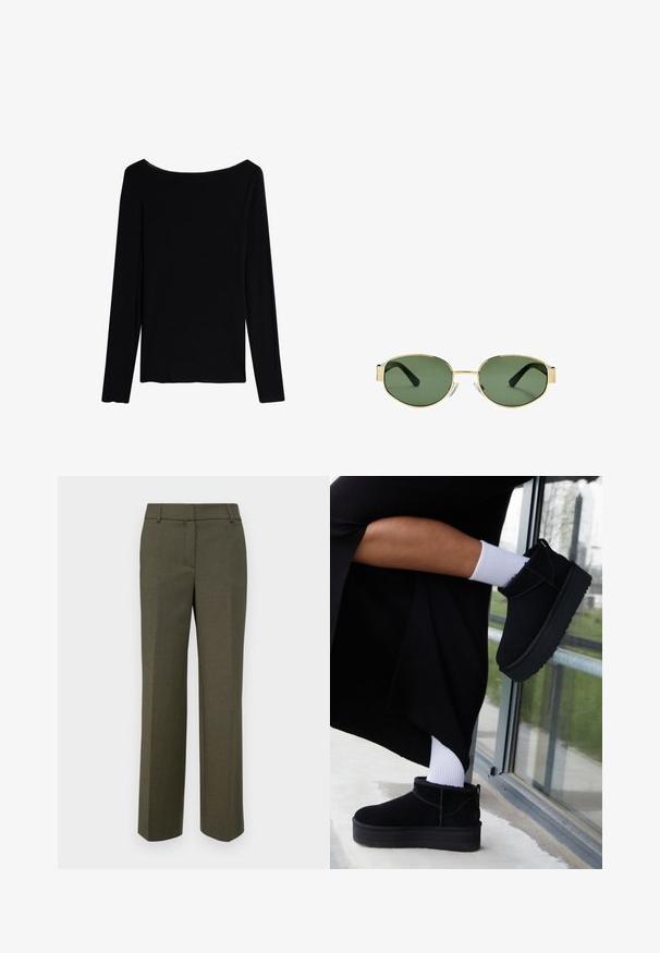 Intimissimi ULTRALIGHT - Langarmshirt - black; Olivgrüne maßgeschneiderte Hose aus strukturiertem Stoff. Merkmale ein gerades Bein-Design mit flachem Vorderteil und ohne sichtbare Verzierungen.; Schwarze Wildleder-Stiefeletten mit flacher Sohle, versehen mit einer Zuglasche hinten, getragen mit weißen Knöchel-Socken vor einem minimalistischem Hintergrund.; Sonnenbrille mit goldfarbenem Metallrahmen, grünen getönten Gläsern, ovaler Form, schwarzen Bügeln und klaren Nasenpads. Sauberes, minimalistisches Design.