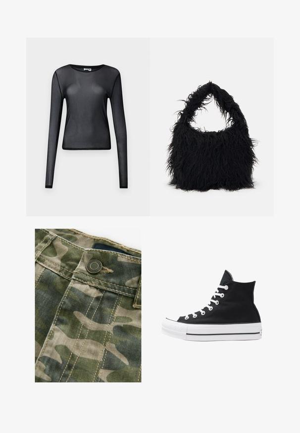 Haut à manches longues noir en matériau transparent, présentant un col rond et une coupe slim, avec des ourlets finement bordés.; Tissu à motif camouflage dans des nuances de vert et de beige avec des coutures visibles. Doté d'un bouton en métal à la taille, texture denim.; Baskets montantes noires en toile avec œillets, lacets et semelle en caoutchouc blancs. Présentent un orteil texturé et des accents rayés noir et blanc.; Even&Odd Cabas - black