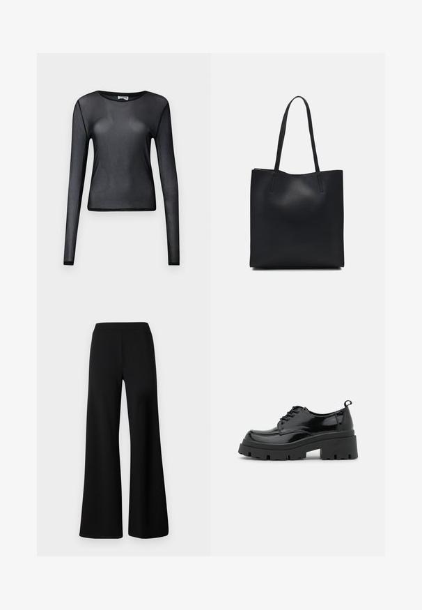 Černý top s dlouhým rukávem vyrobený z průhledného materiálu, s kulatým výstřihem a slim fit střihem, s jemně zakončenými lemy.; Černé kalhoty s širokými nohavicemi vyrobené z měkké, elastické tkaniny. Mají hladký elastický pas a jednoduchý, nezdobený design.; Černé lakované kožené boty s robustní platformou a silnými tkaničkami. Zakulacená špička, minimální detaily a malý pásek na patě.; Černá kožená taška přes rameno s hladkým povrchem, obdélníkovým tvarem a dvěma dlouhými uchy. Žádné viditelné kování ani ozdoby.