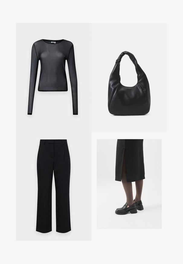 Melnas garas piedurknes blūze no caurspīdīga materiāla, ar apaļu kakla izgriezumu un šauru piegriezumu, ar smalkiem apdariem.; Melni pielāgoti bikses ar taisnu griezumu, ar jostu, salocītu priekšpusi un sānu kabatām. Izgatavotas no gludas auduma.; Melni ādas apavi ar noapaļotu purngalu, biezām bloku papēžiem un elastīgiem sānu akcentiem, apvienoti ar tumšām zeķubiksēm un melnu svārku ar šķirbu.; Melnā hobo soma, kas izgatavota no gludas ādas līdzīga materiāla, ar savītu rokturi, ar mīkstu, noapaļotu formu un augšējo rāvējslēdzēju.